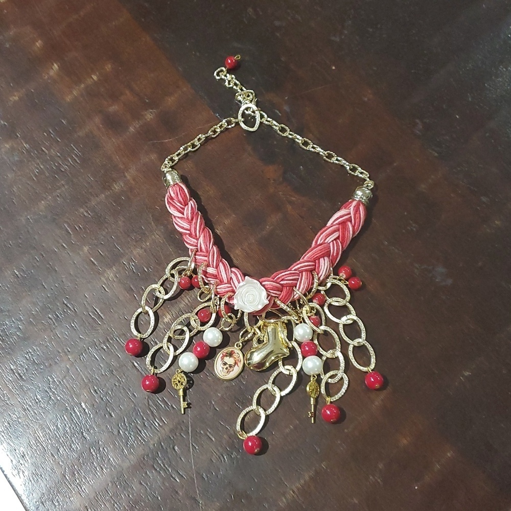 Artistic Multicolor Necklace with Gold Accents Heart And Skull Face
